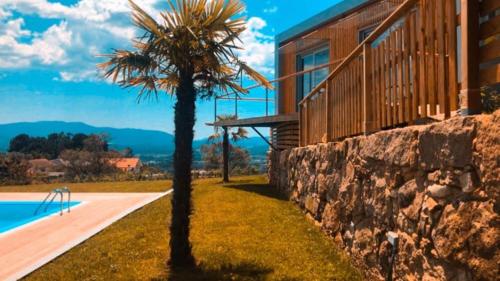 eine Palme neben einer Steinmauer neben einem Pool in der Unterkunft MyStay - Bungalow in Quinta dos Sobrais in Valença