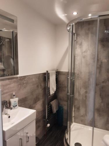 een badkamer met een douche en een wastafel bij CRAIGLEA HEATHER in Killin