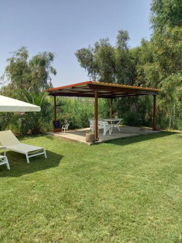 a pavilion with two picnic tables in a park at Villa Niki in Neos Marmaras