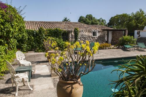 a vase with flowers in it next to a pool at Hotel Rural Biniarroca - Adults Only in Sant Lluis