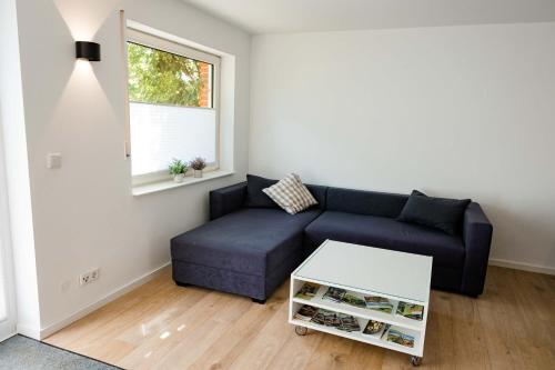 a living room with a blue couch and a window at Ferienwohnung Kurpark Brilon am Rothaarsteig in Brilon