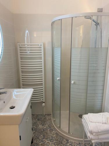 une salle de bain avec une douche en verre et un lavabo dans l'établissement Château de St-Fulgent, gîte Le Parc, à Saint-Fulgent