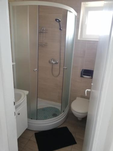 a bathroom with a shower and a toilet at House Kapetanović in Rab