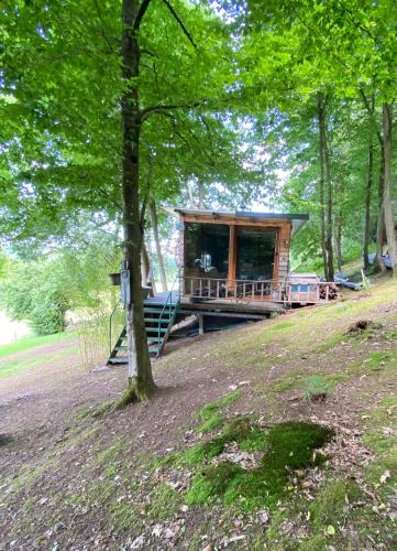 a cabin in the woods with a tree at Le Nid Douillet in Theux
