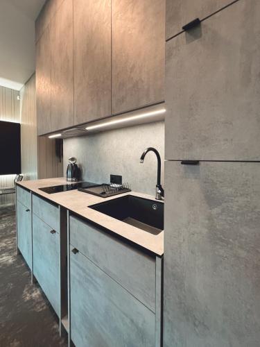 a kitchen with a sink and a refrigerator at Jūros 40 in Šventoji