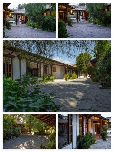 a collage of four pictures of a building at Hotel Hacienda Abraspungo in Riobamba