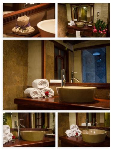 three pictures of a bathroom with a sink and towels at Hotel Hacienda Abraspungo in Riobamba