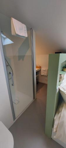a bathroom with a shower with a glass door at Cosy Corner in Jalhay