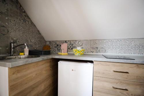 a kitchen with a sink and a counter top at Domaćin Komšijska Gostiona in Zrenjanin