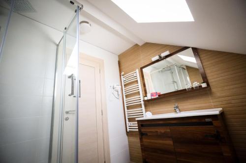 a bathroom with a shower and a sink and a mirror at Domaćin Komšijska Gostiona in Zrenjanin