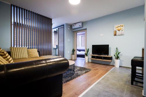 a living room with a leather couch and a television at Domaćin Komšijska Gostiona in Zrenjanin