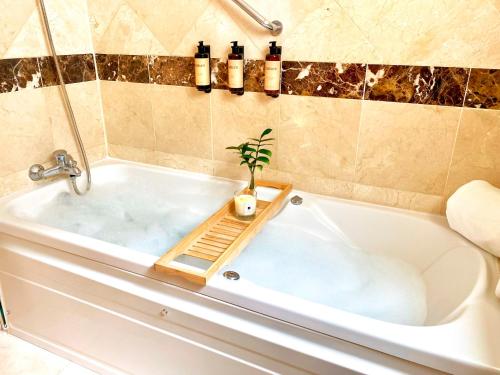 eine Badewanne mit Topfpflanze in der Unterkunft Luxury Villa Masca private heated pool in Adeje