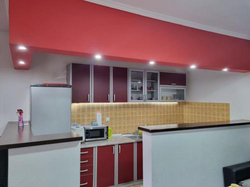 a kitchen with purple cabinets and a red wall at Apartman Vany in Tuzla