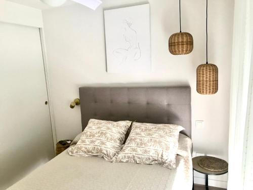 1 dormitorio con 1 cama con 2 almohadas y 2 luces colgantes en Apartamento Torrevieja, en Torrevieja