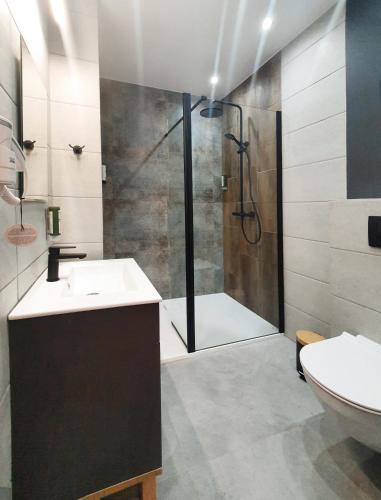 a bathroom with a shower and a sink and a toilet at Kamienica Morska Gdynia in Gdynia