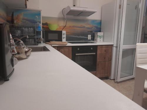 een keuken met een wit aanrecht en een koelkast bij Summer Burgas Appartment in Boergas