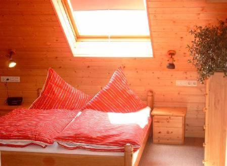 a bed with red pillows in a room with a window at Haus Leufke in Lenzkirch