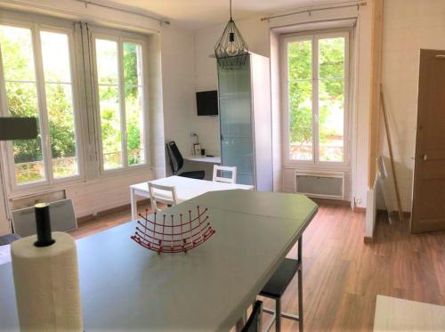 a living room with a table and chairs and windows at Le Coeur, Studio central refait à neuf, au calme in Besançon