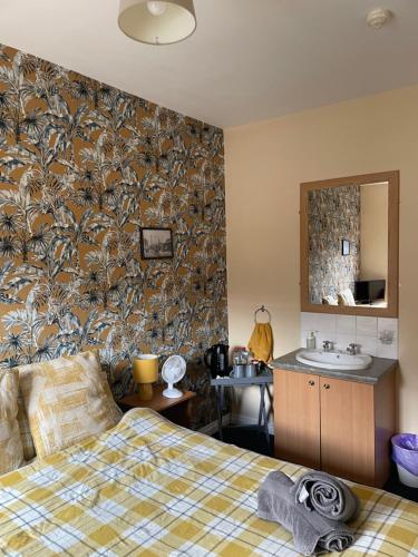 um quarto com uma cama e um lavatório em Lwr Ormeau Guest House em Belfast
