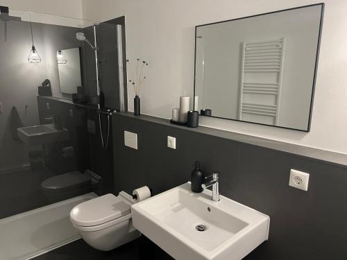 y baño con lavabo, aseo y espejo. en Apartmenthaus Stade Schwingewiesen Apartment 6, en Stade