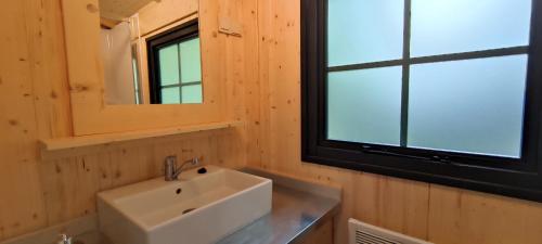 W łazience znajduje się umywalka i lustro. w obiekcie Camping de la Bageasse w mieście Brioude