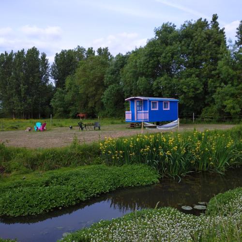 a blue shack next to a river with flowers at Les roulottes du Moulin de Palet in Chartrené