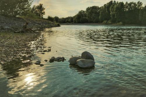a river with some rocks in the water at Agriturismo Helianthus in Oleggio