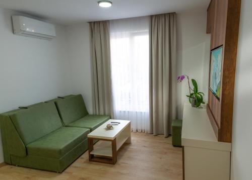 a living room with a green couch and a table at RIBAR APARTMENTS in Ohrid