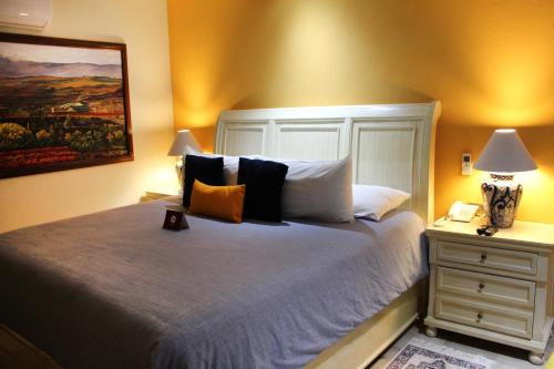 a bedroom with a bed with two lamps and a nightstand at Hotel Boutique La Rioja in Atlixco