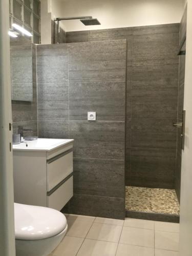 a bathroom with a shower and a toilet and a sink at Carré d’Or super 2 pièces in Nice