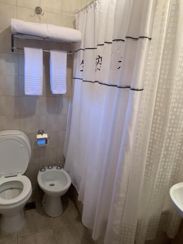 baño con aseo y cortina de ducha blanca en Hosteria Sloggett en Ushuaia