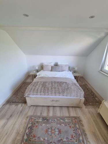 a bedroom with a bed with a rug on the floor at HOOPOVO HOUSE Fruška gora in Irig