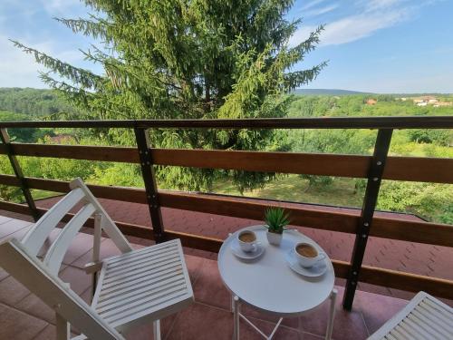 a table and chairs on a balcony with a view at HOOPOVO HOUSE Fruška gora in Irig