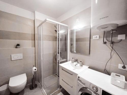 uma casa de banho com um WC, um lavatório e um chuveiro em RIAD Apartments em Zgornje Škofije