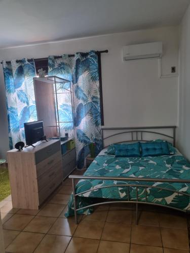 - une chambre avec un lit et un bureau avec un ordinateur dans l'établissement Studio Ça Mconvient, à Cayenne