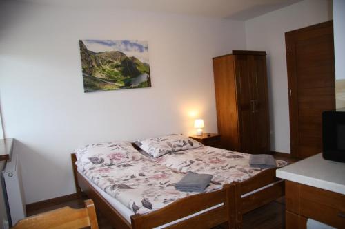 a small bedroom with a bed and a television at Miętusia Przystań - Wynajem Pokoi in Ciche