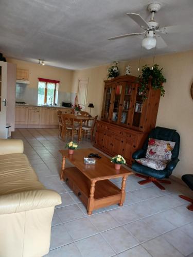 un salon avec un canapé et une table basse dans l'établissement Gite un bout du sud, à Châtel-Montagne