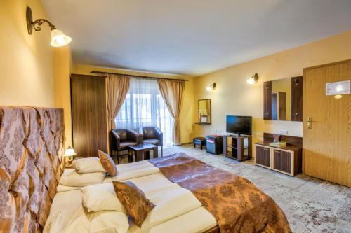 Habitación de hotel con cama grande y TV en Pensiunea Ambient en Braşov