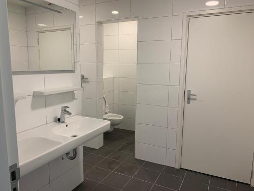 La salle de bains blanche est pourvue d'un lavabo et de toilettes. dans l'établissement Stadshotel aan de IJssel in hartje Deventer, à Deventer