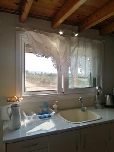 a kitchen counter with a sink and a window at Olive Tree House II in Dhermatiánika