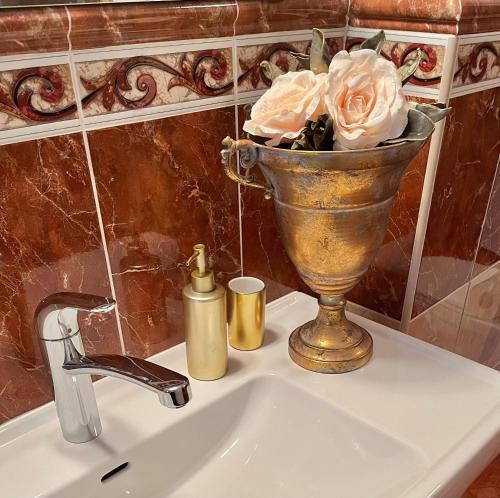 a vase filled with roses sitting on top of a sink at Belcanto Apartments in Český Krumlov