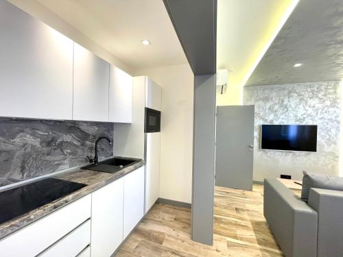 eine Küche und ein Wohnzimmer mit einem Sofa und einem TV in der Unterkunft Mangio Dubrovnik Silver in Dubrovnik