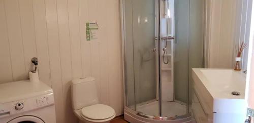 a bathroom with a shower and a toilet and a sink at Flekkerøy sjøboder 4 soverom 8 senger in Kjere