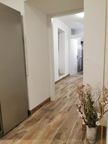 an empty hallway with wood floors and a plant at Apartmani Tripalo in Imotski