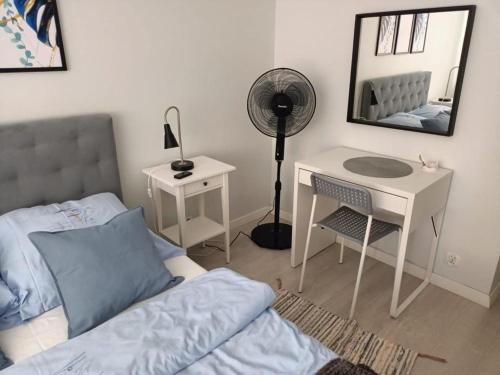 a bedroom with a bed and a desk and a mirror at Apartament Polonia in Szczecin