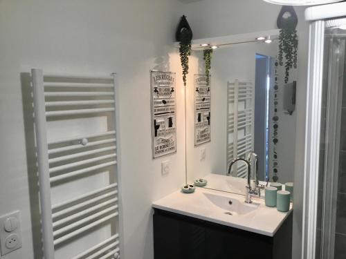 a bathroom with a sink and a mirror at Studio neuf,vintage,terrasse,wifi ,excellence face mer in Saint-Hilaire-de-Riez
