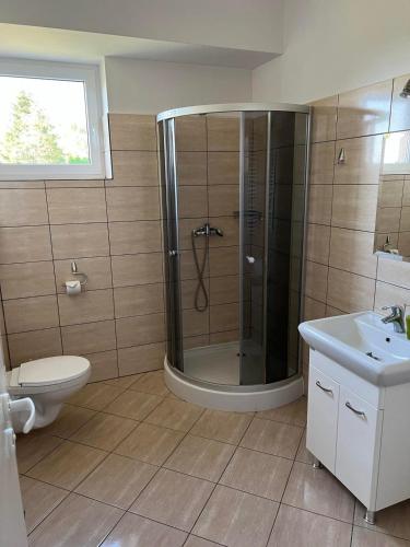 a bathroom with a shower and a toilet and a sink at Paradise in Charzykowy