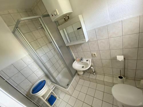 een badkamer met een douche, een toilet en een wastafel bij Ferienwohnung Elly in Altefähr