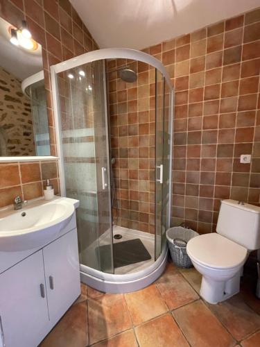 La salle de bains est pourvue d'une douche, de toilettes et d'un lavabo. dans l'établissement Le Fenouillet Cottage proche des Grands Buffets, à Narbonne