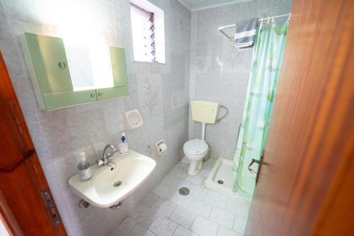 a bathroom with a sink and a toilet and a shower at Jimmy's Sea View Studios in Tragaki